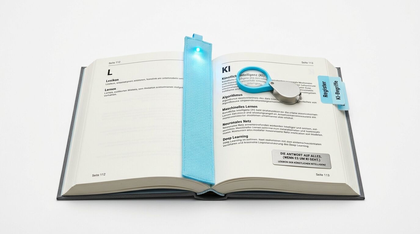 Aufgeschlagenes Buch über KI mit blauem Lesezeichenlicht und Registerkarte auf weißem Grund