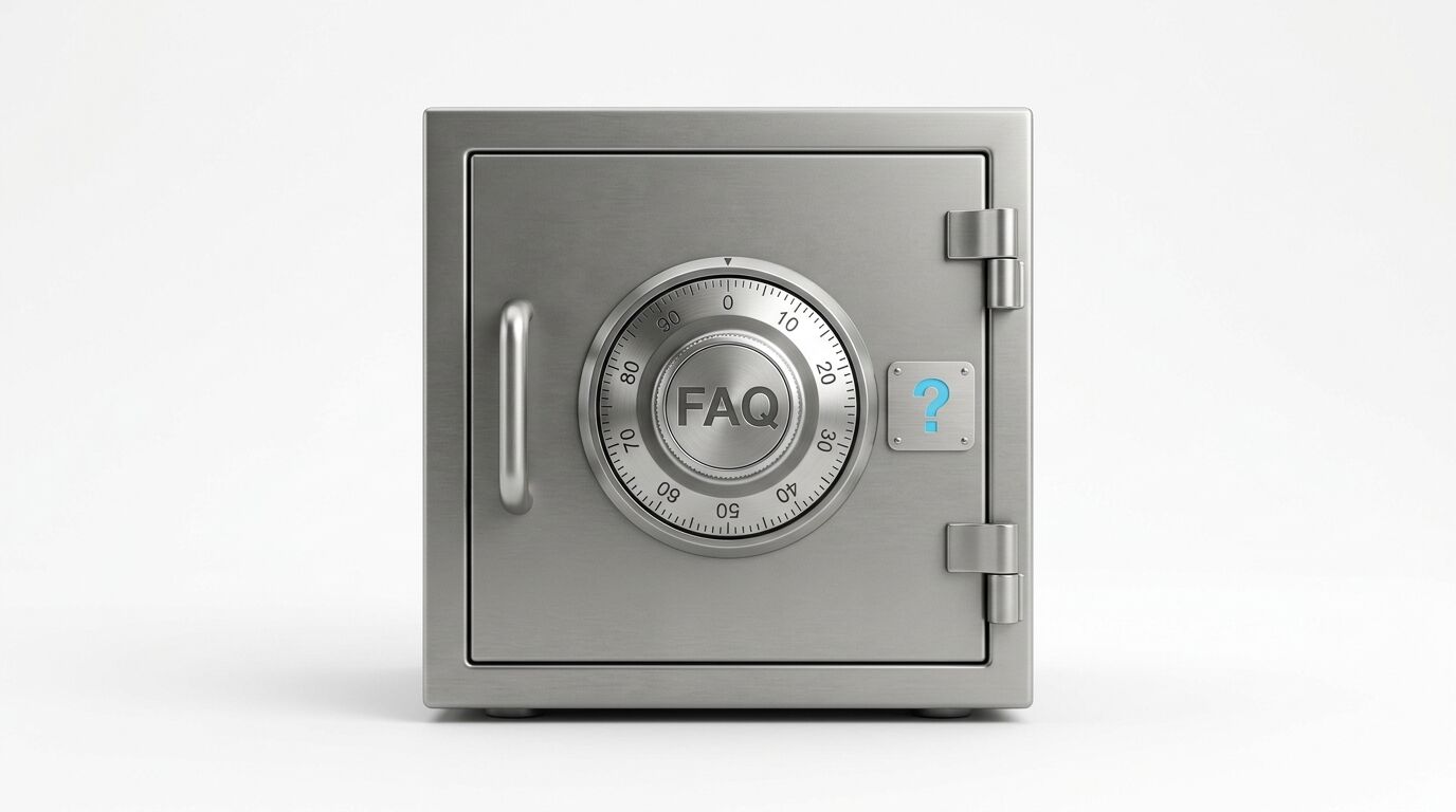 Ein Tresor aus Metall mit der Aufschrift „FAQ“ auf dem Kombinationsrad