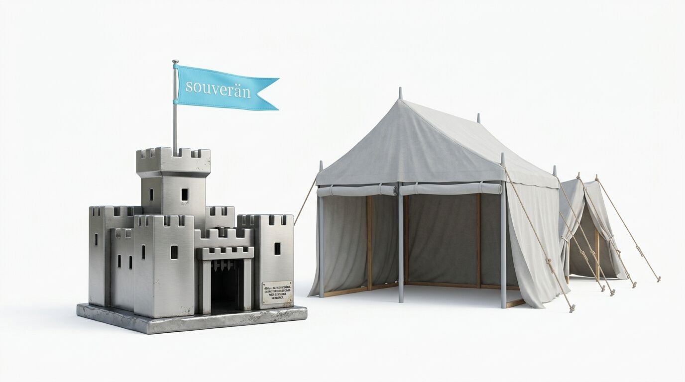 Ein Modellburg mit Flagge und zwei Zeltmodelle stehen auf weißem Hintergrund
