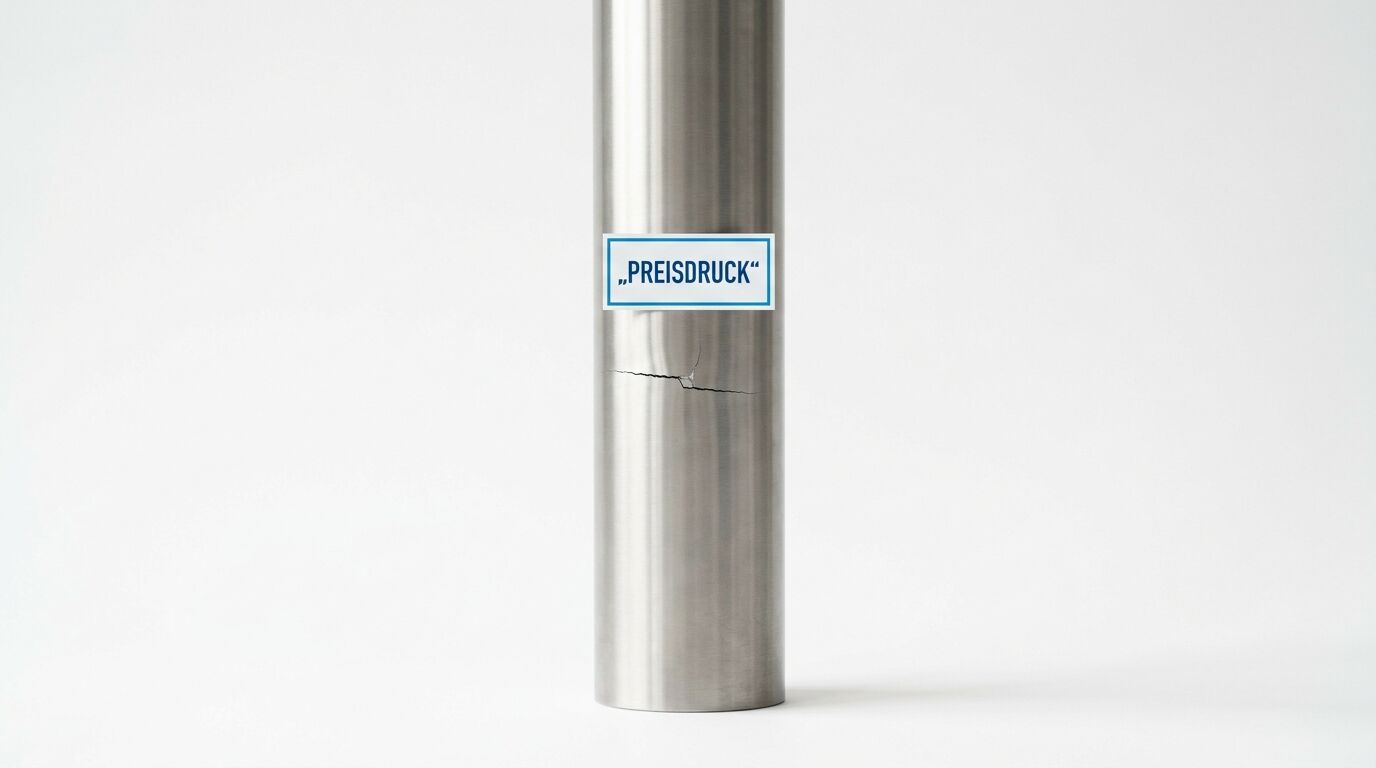 Ein Metallzylinder mit Riss und Aufkleber „PREISDRUCK“ vor hellem Hintergrund