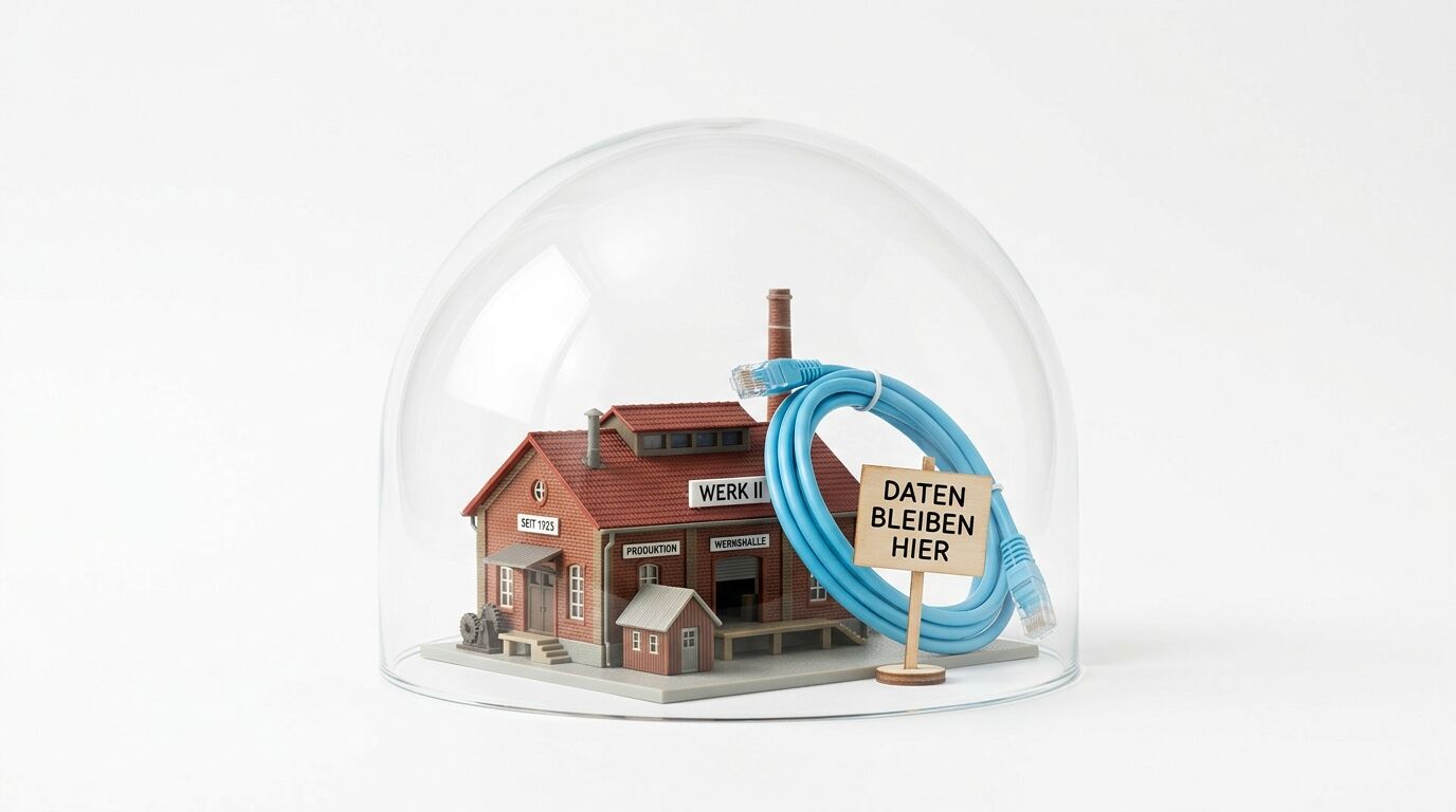 Modellfabrik, blaues Kabel, Schild „DATEN BLEIBEN HIER“ unter einer Glaskuppel vor weiß