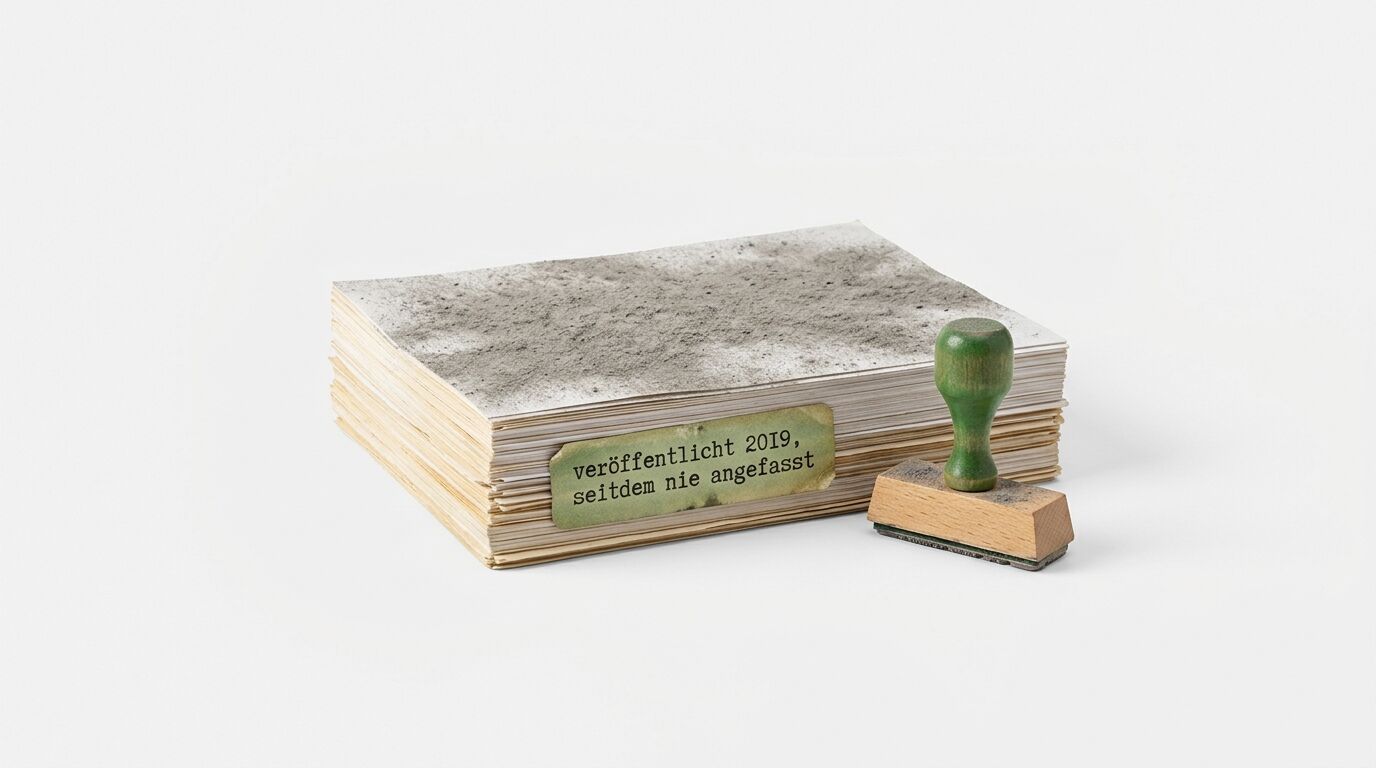 Ein dickes Buch mit Betonoberfläche und Holzseiten neben einem grünen Stempel mit Aufschrift "veröffentlicht 2019, seitdem nie angefasst"
