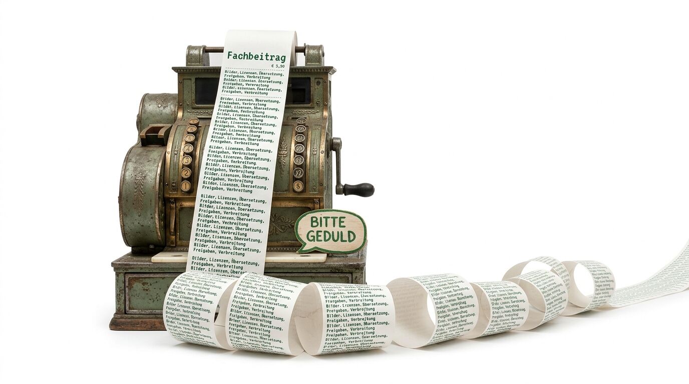 Antike Rechenmaschine mit ausgerolltem Papierband, Aufschrift "Fachbeitrag" und "Bitte Geduld"