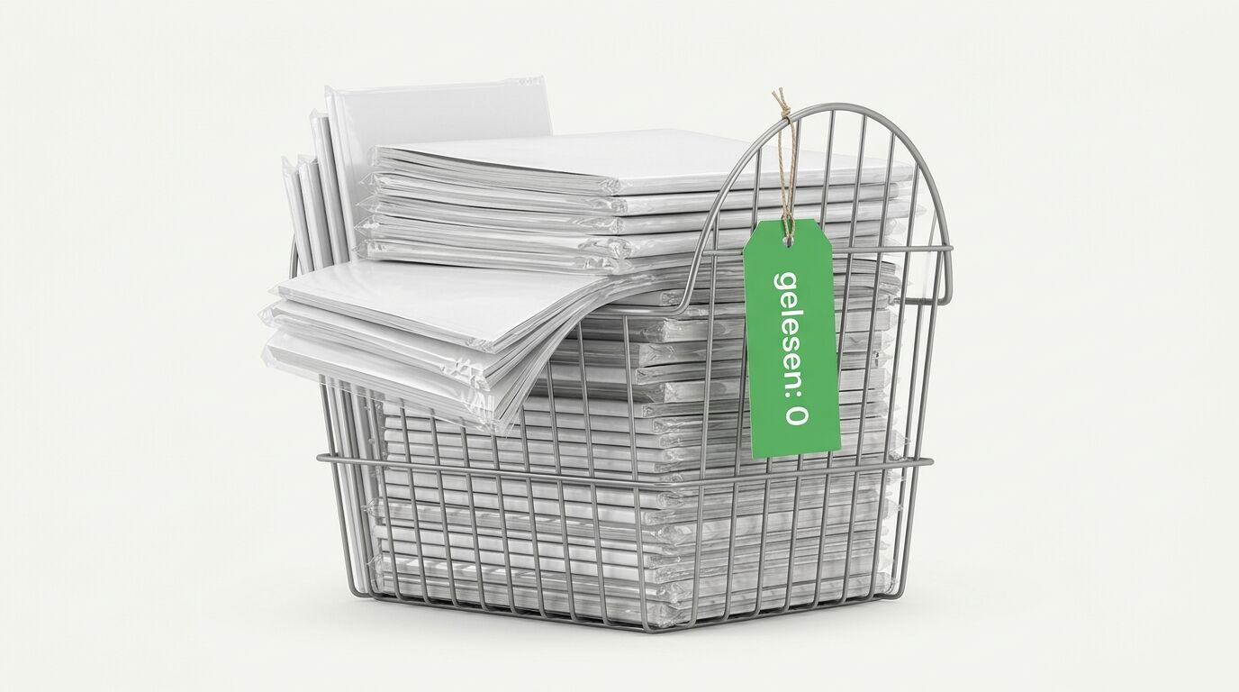 Metallkorb gefüllt mit Papierblättern und grünem Etikett mit Aufschrift "gelescht: 0"