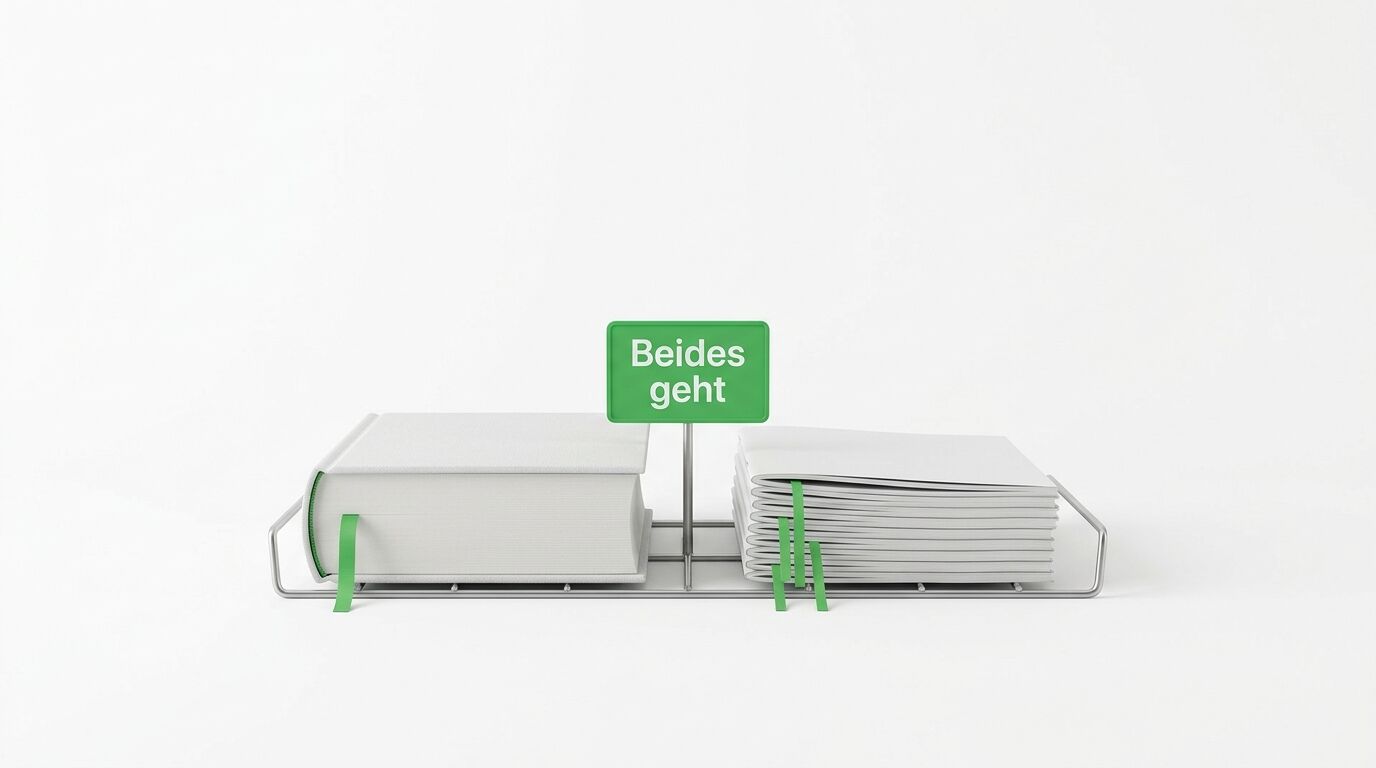 Ein offenes Buch mit grünen Lesezeichen und einem grünen Schild mit der Aufschrift "Beides geht"