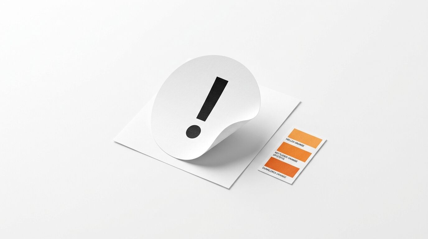 Runder Aufkleber mit Ausrufezeichen auf weißem Papier und orangefarbenen Farbmustern