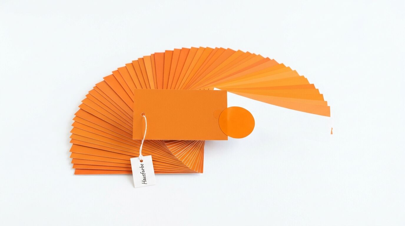 Augefächerte orangefarbene Karten mit einem Anhänger „Hausfarbe“ und einem Kreis