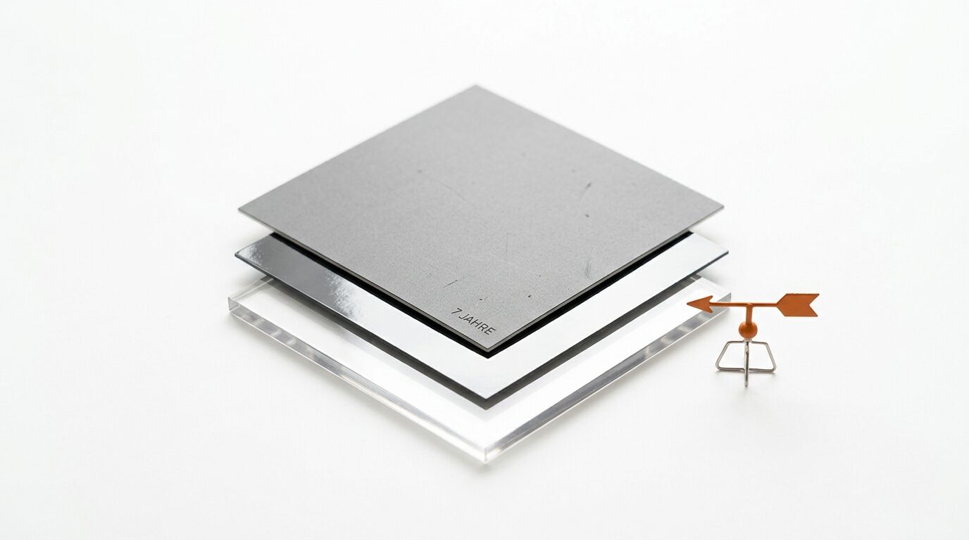Dreistufiger Materialstapel aus Metall, weißer Platte und Acryl, rechts eine Wetterfahne