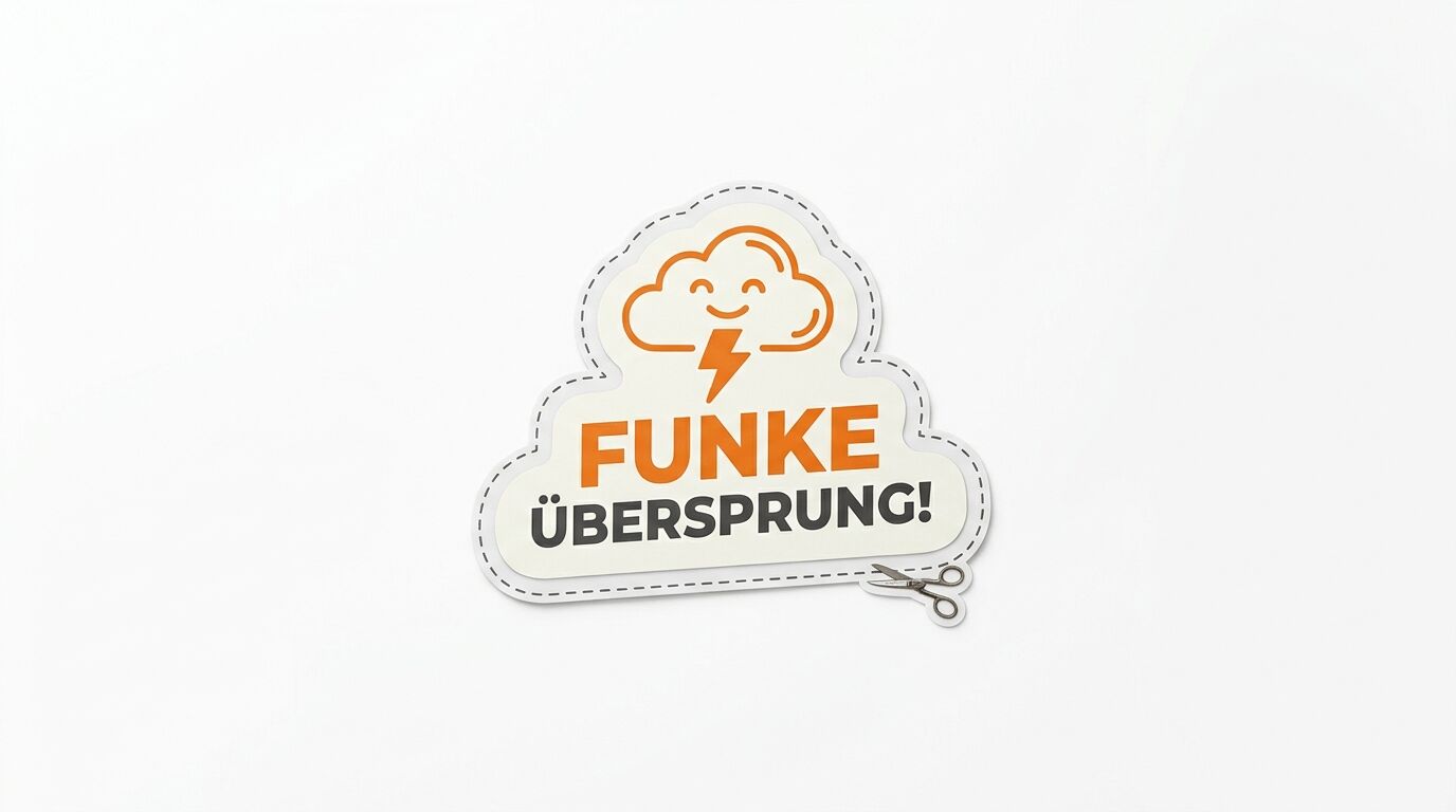 Aufkleber mit „Funke übersprung!“, Wolkensymbol und Blitz, umgeben von gestrichelter Linie