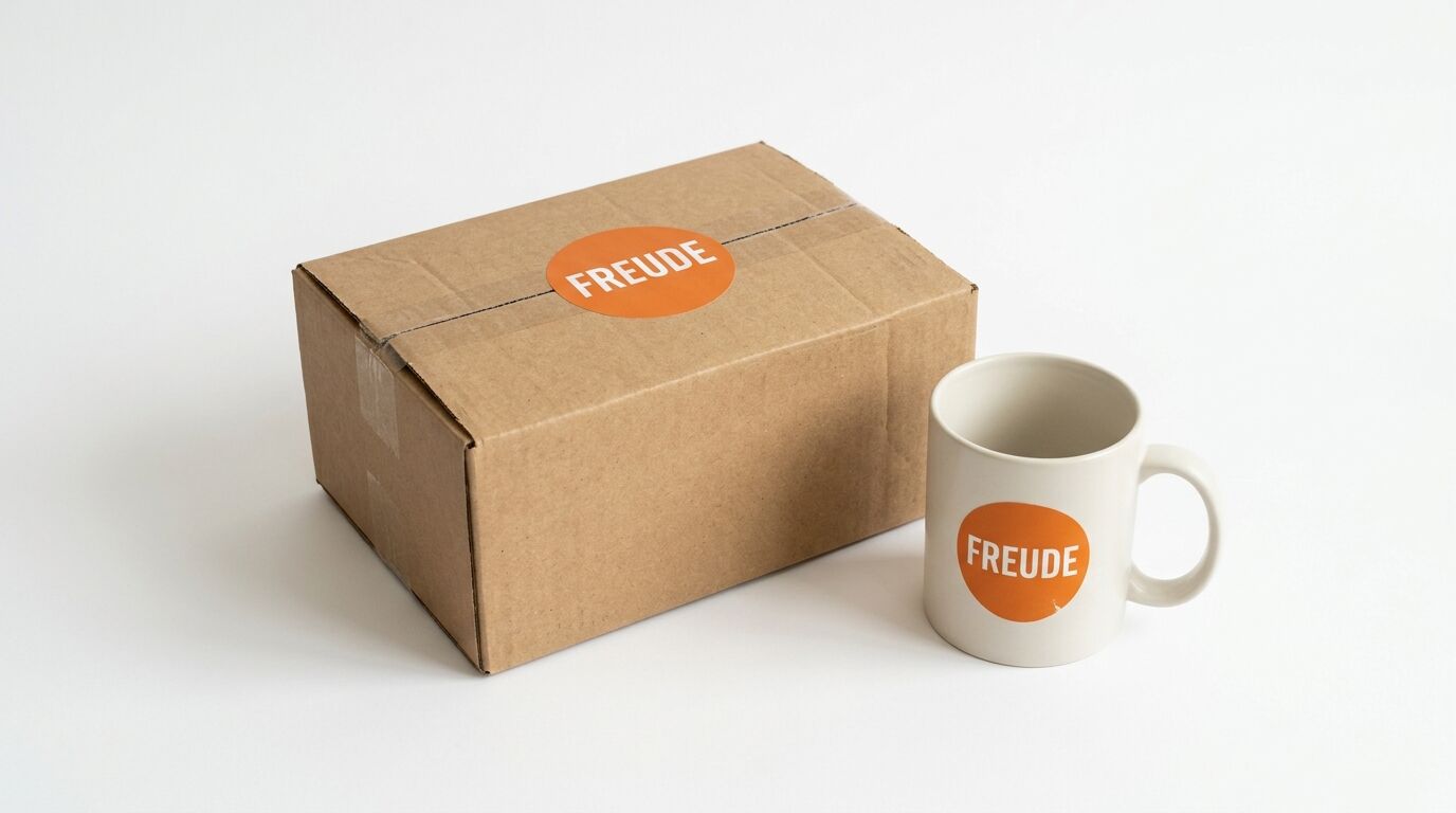 Ein Karton und eine Tasse mit orangefarbenem „FREUDE“-Logo vor weißem Hintergrund