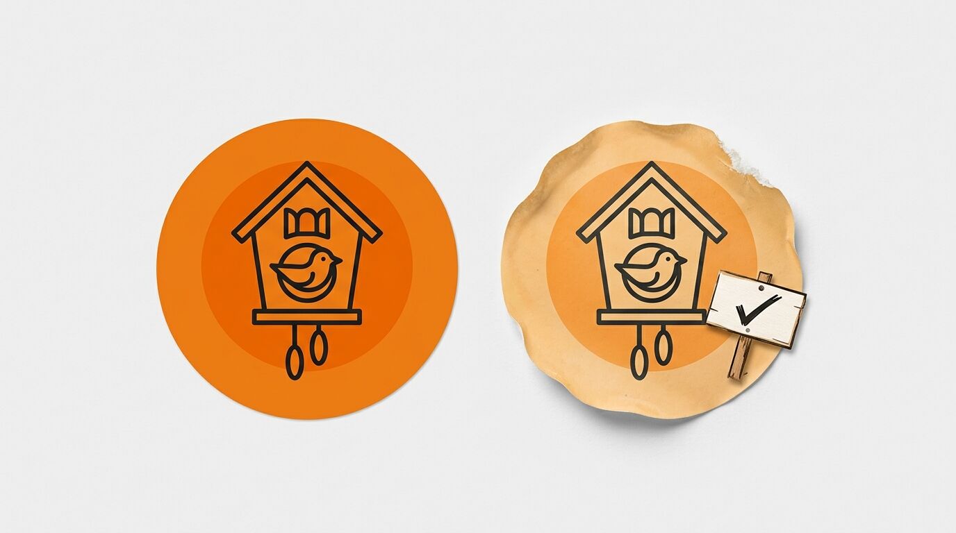 Vergleich zweier Kuckucksuhr-Logos: links modern, rechts gealtert mit Häkchen