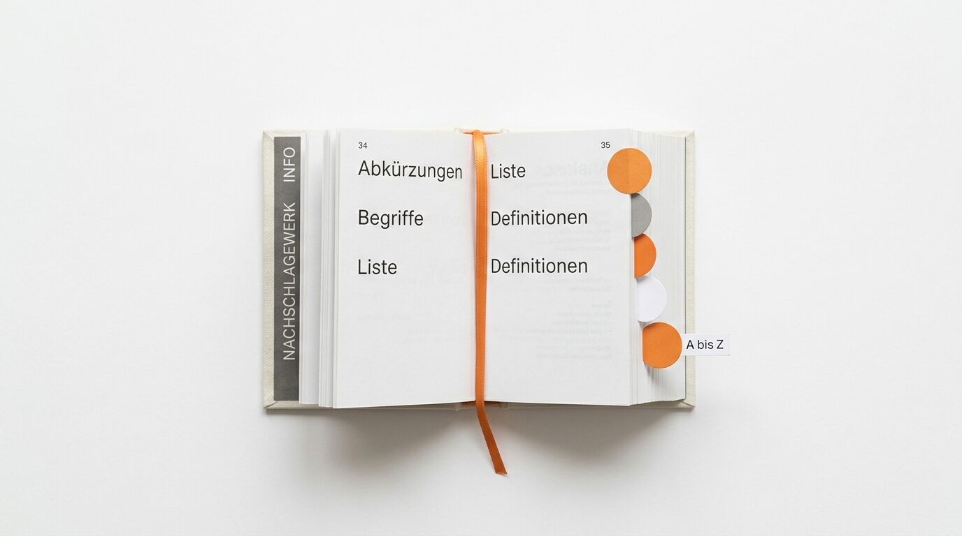 Ein offenes Buch mit orangefarbenem Leseband und Registertabs auf weißem Hintergrund