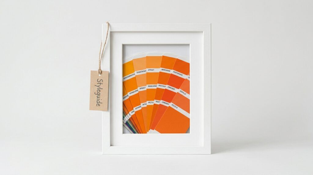 Corporate Imagery: weißer Bilderrahmen mit orangefarbenem Farbfächer und Etikett „Styleguide“