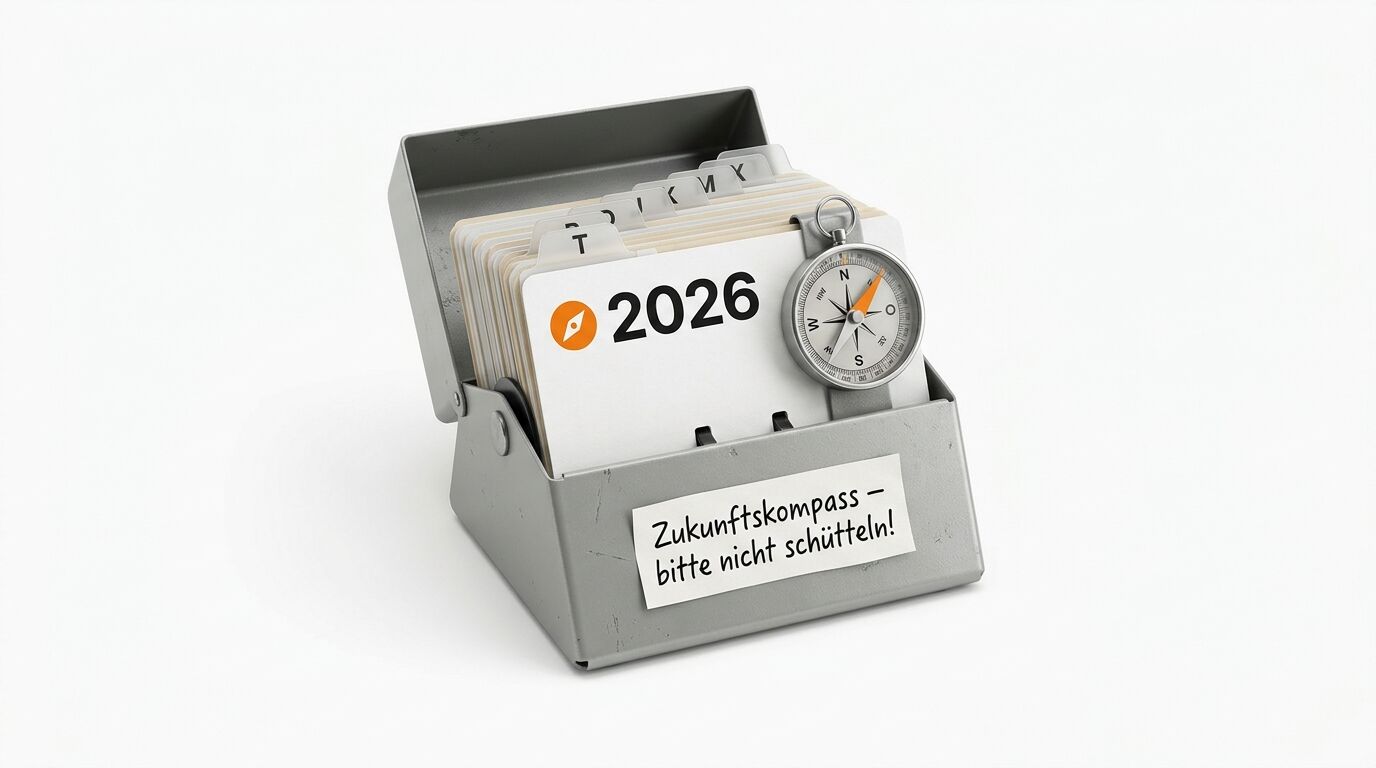 Karteikasten mit Jahreszahl 2026, Kompass und Textlabel „Zukunftskompass“