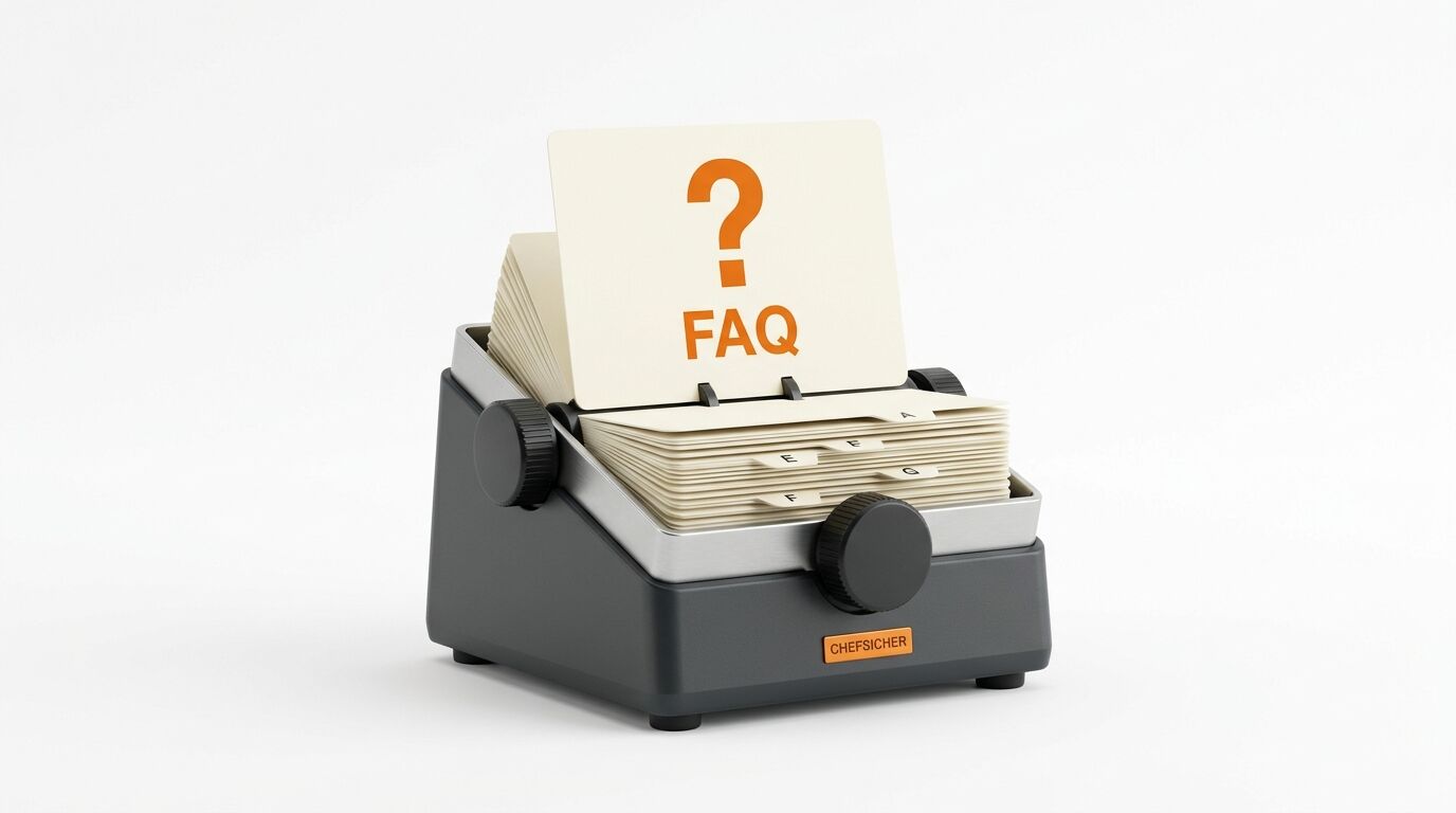 Schwarze Rolodex mit Fragezeichen und FAQ auf weißer Karte, weißer Hintergrund
