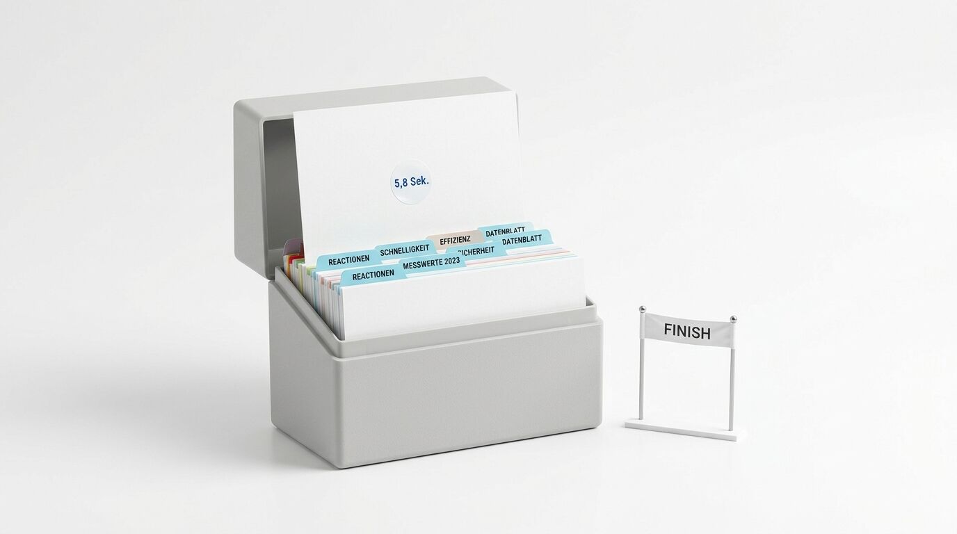 Graue Karteibox mit Registerkarten und Aufschrift „5,8 Sek.“, daneben ein Zielbanner mit „FINISH“