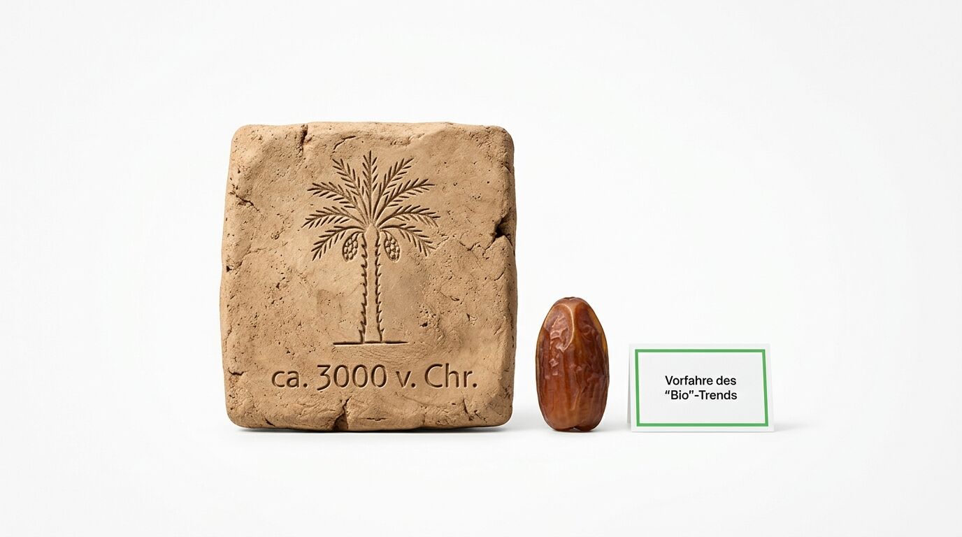 Tontafel mit geprägter Palme, eine einzelne Dattel und ein Hinweisschild auf weißem Grund