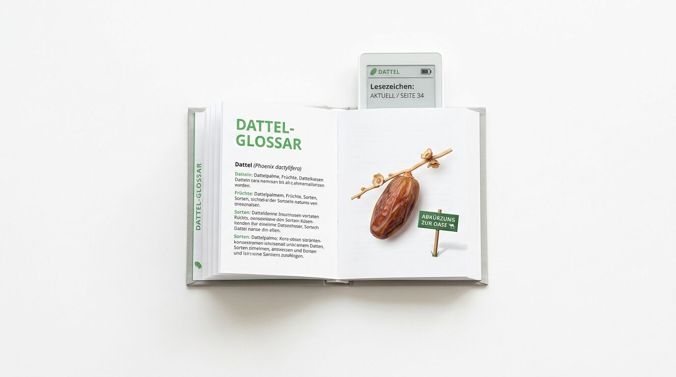 Aufgeschlagenes Dattel-Glossar mit E-Reader-Lesezeichen und Abkürzungs-Wegweiser