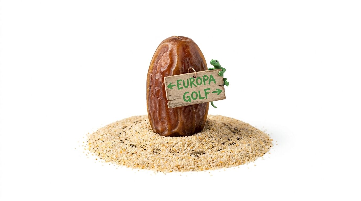 Dattel im Sand mit Eidechse und Schild «EUROPA GOLF», weisser Hintergrund