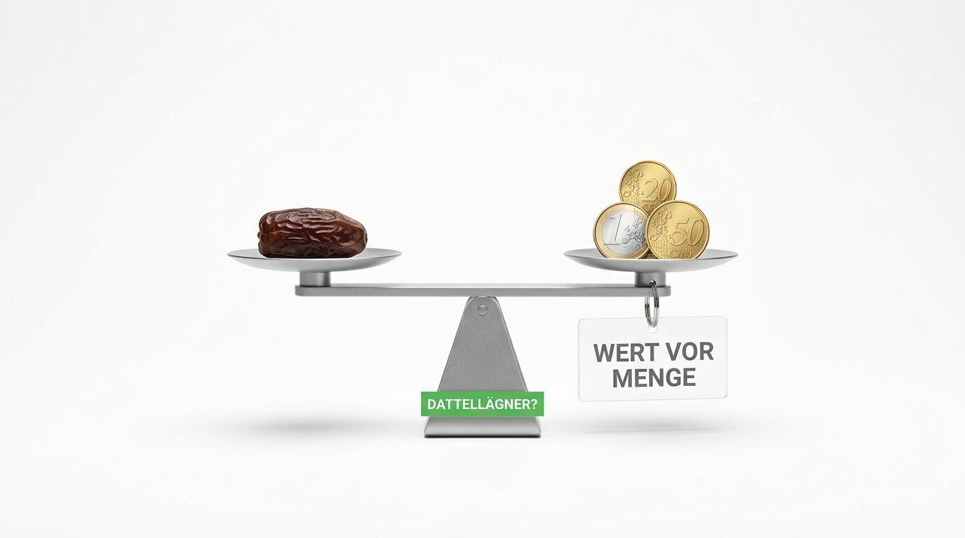 Balkenwaage mit Dattel links und Euro-Münzen rechts, Text