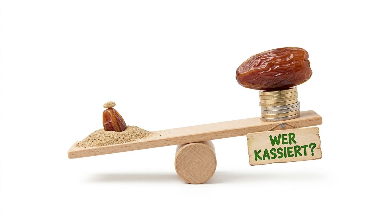 Holzwaage mit Datteln und Münzen, daneben Schild mit Aufschrift