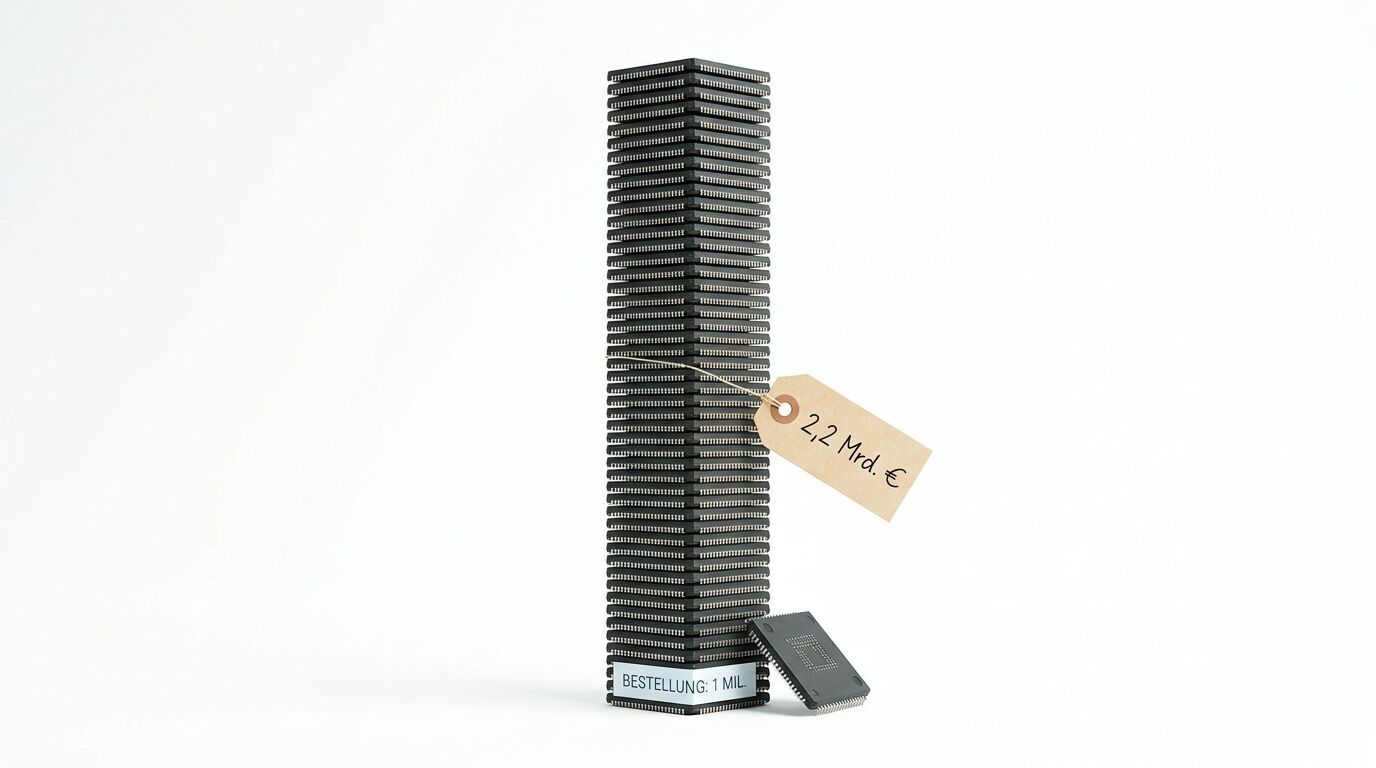 Ein Stapel von Mikrochips mit einem Preisschild mit der Aufschrift 2,2 Mrd. €