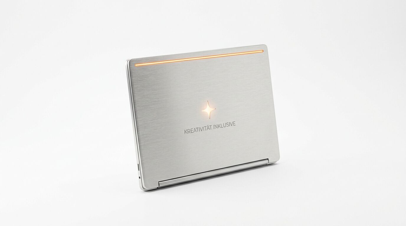 Silbernes Laptop-Gehäuse, leuchtender Streifen, Stern-Logo, Text 