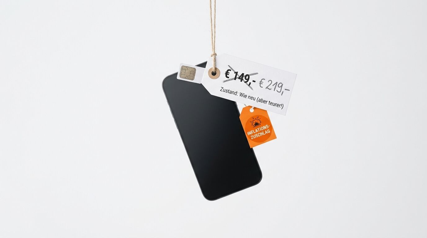 Hängendes Smartphone mit Preisschild, Chipkarte und orangefarbenem Anhänger auf weißem Grund