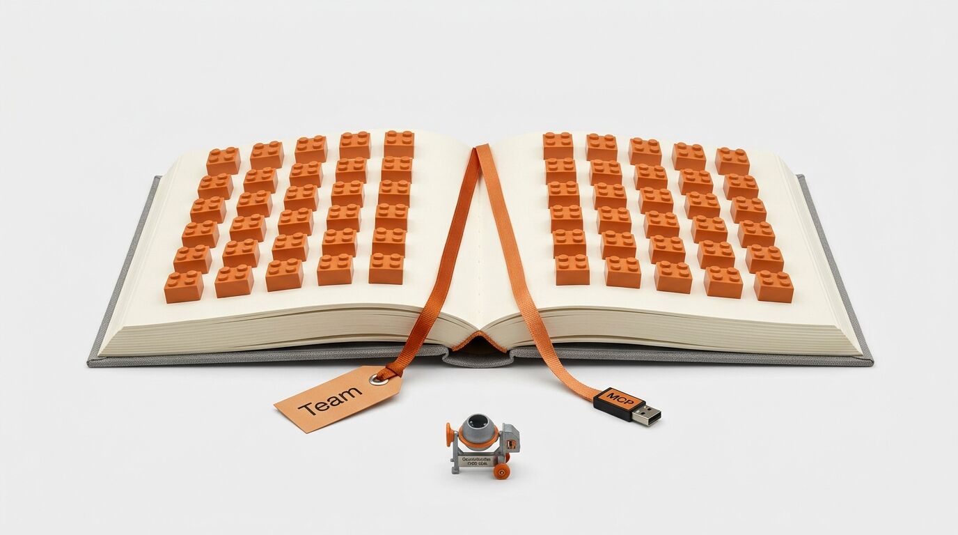 Ein offenes Buch, dessen Seiten mit Legosteinen beklebt sind