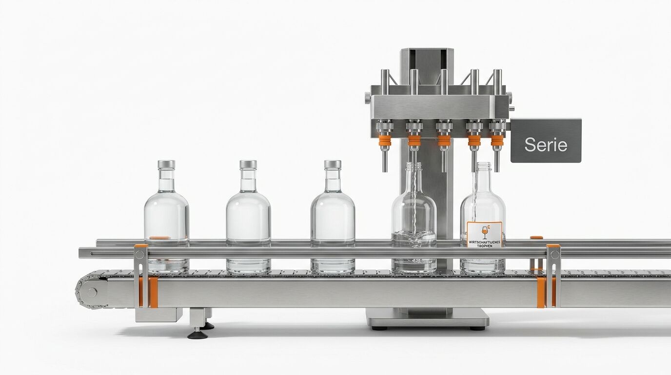 Automatisierte Abfüllanlage für Glasflaschen auf einem Förderband in Seitenansicht