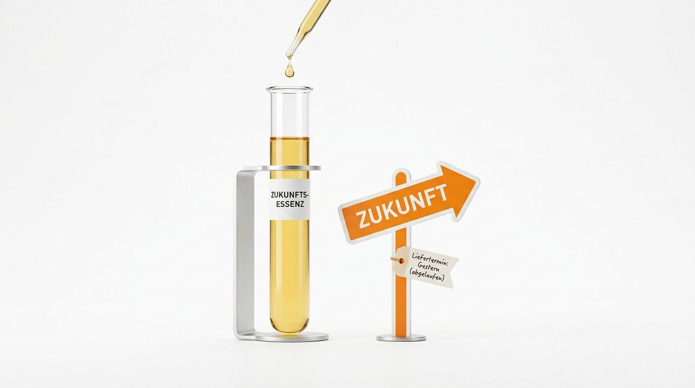 Reagenzglas mit Pipette neben einem Schild, das nach rechts in die Zukunft weist