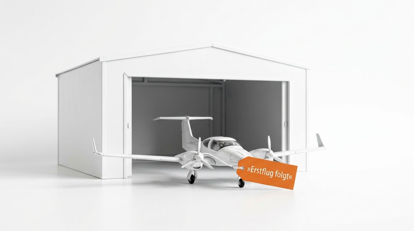 Weißes Modell-Flugzeug vor Hangar, oranger Anhänger mit Text 