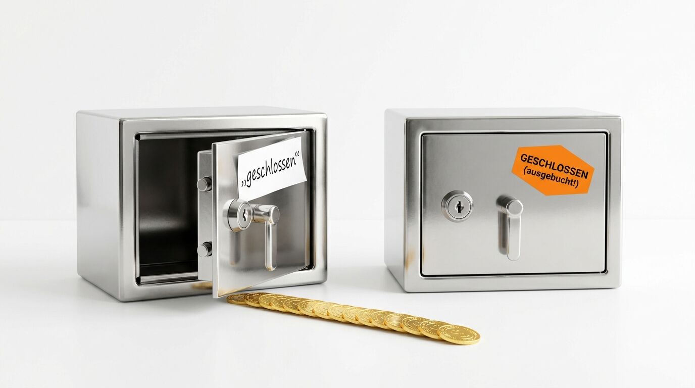 Ein offener Safe mit Münzen und ein geschlossener Safe, beide mit Hinweisschildern