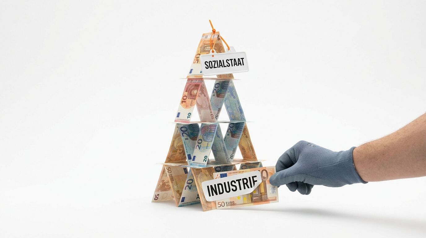 Hand zieht Basis aus einem Geldkartenhaus mit dem Wort „INDUSTRIE“; oben steht „SOZIALSTAAT“