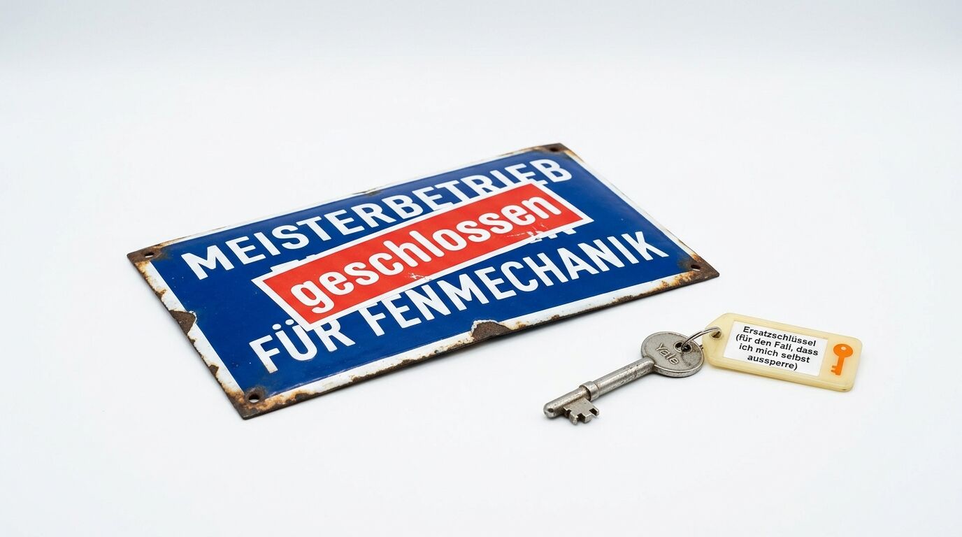 Ein altes Emailleschild und ein Yale-Schlüssel liegen nebeneinander auf weißem Grund