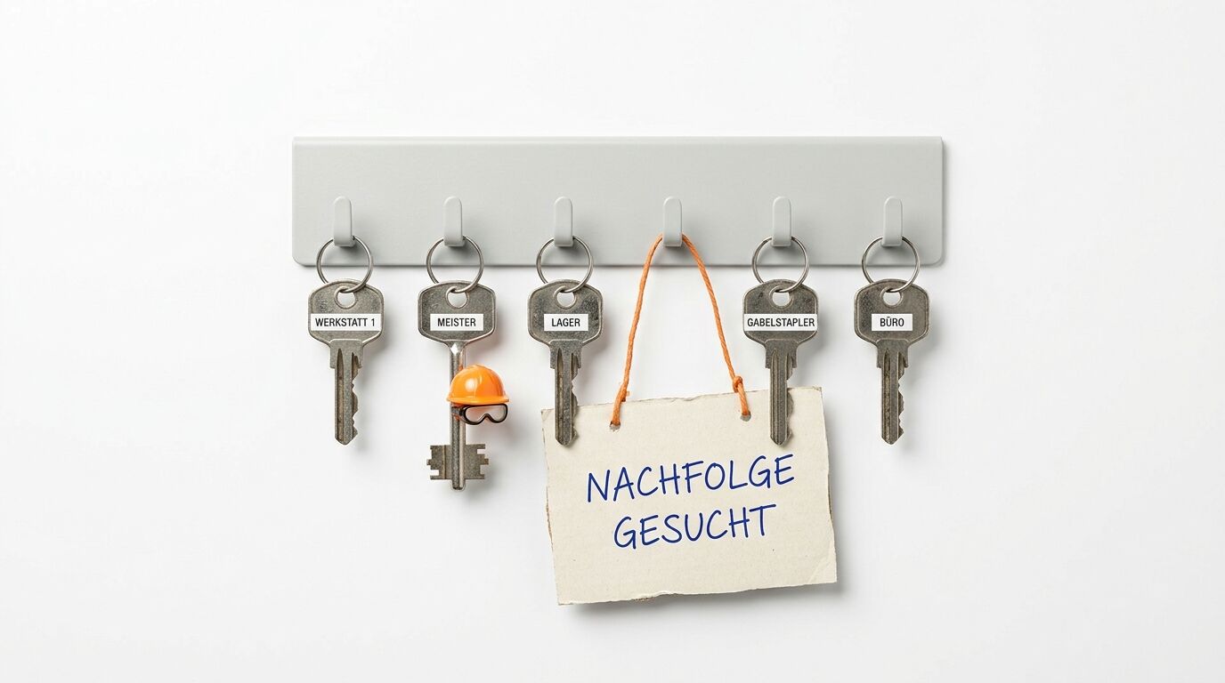 Schlüsselleiste mit Schild „NACHFOLGE GESUCHT“, Helm und beschrifteten Schlüsseln
