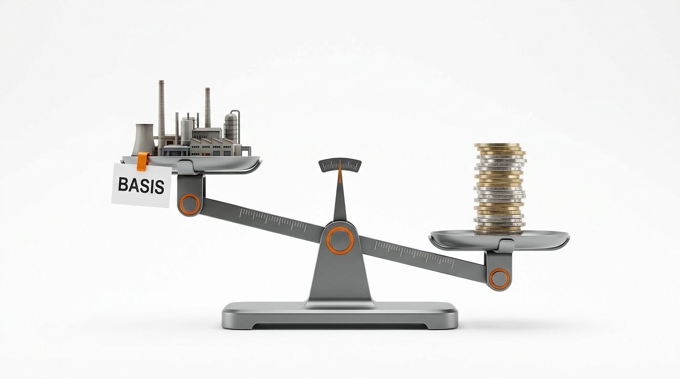 Waage mit Industrie und Text „BASIS“ links, Münzen rechts, ungleichgewichtig, weißer Hintergrund