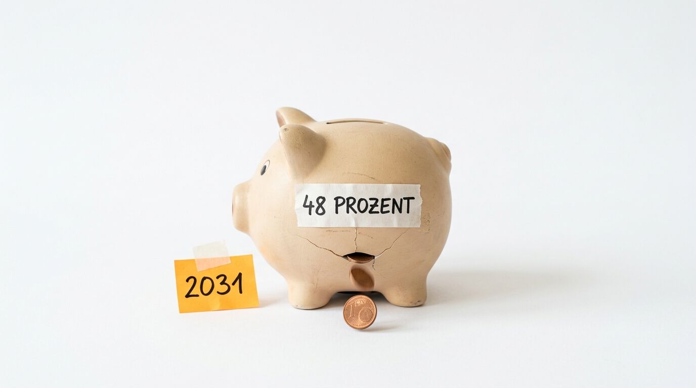 Kaputtes Sparschwein mit „48 PROZENT“, fallenden Münzen und Zettel mit „2031“