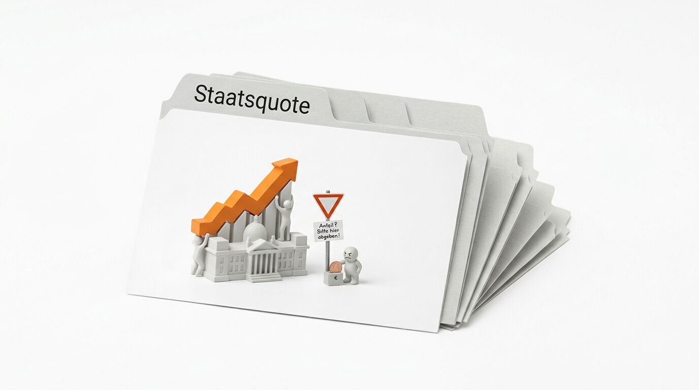 Register mit Text Staatsquote, Figuren, Regierungsgebäude, Aufwärtspfeil, Spendenbox