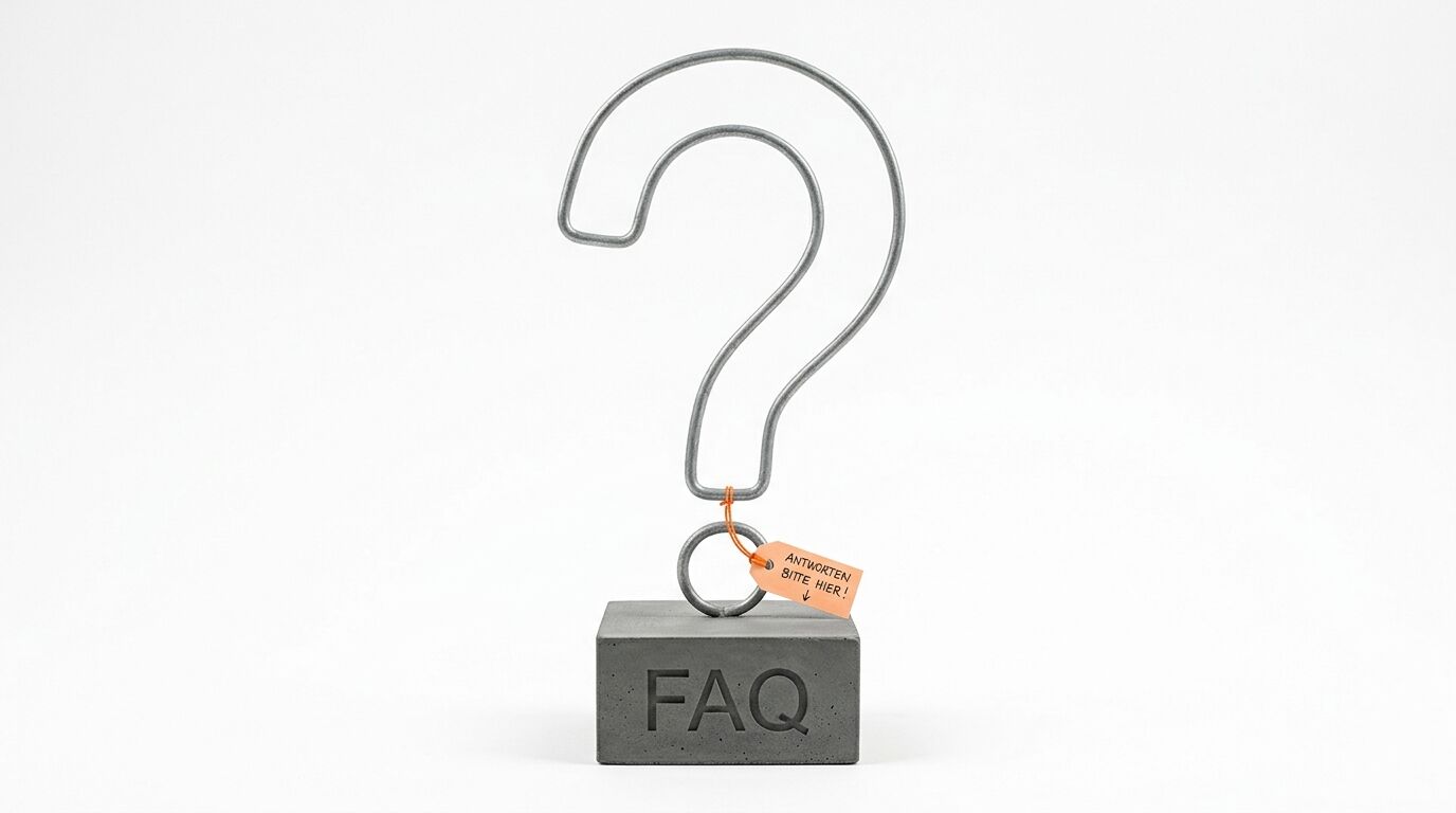 Fragezeichen aus Draht auf Betonklotz mit „FAQ“-Prägung und Anhänger vor weißem Hintergrund