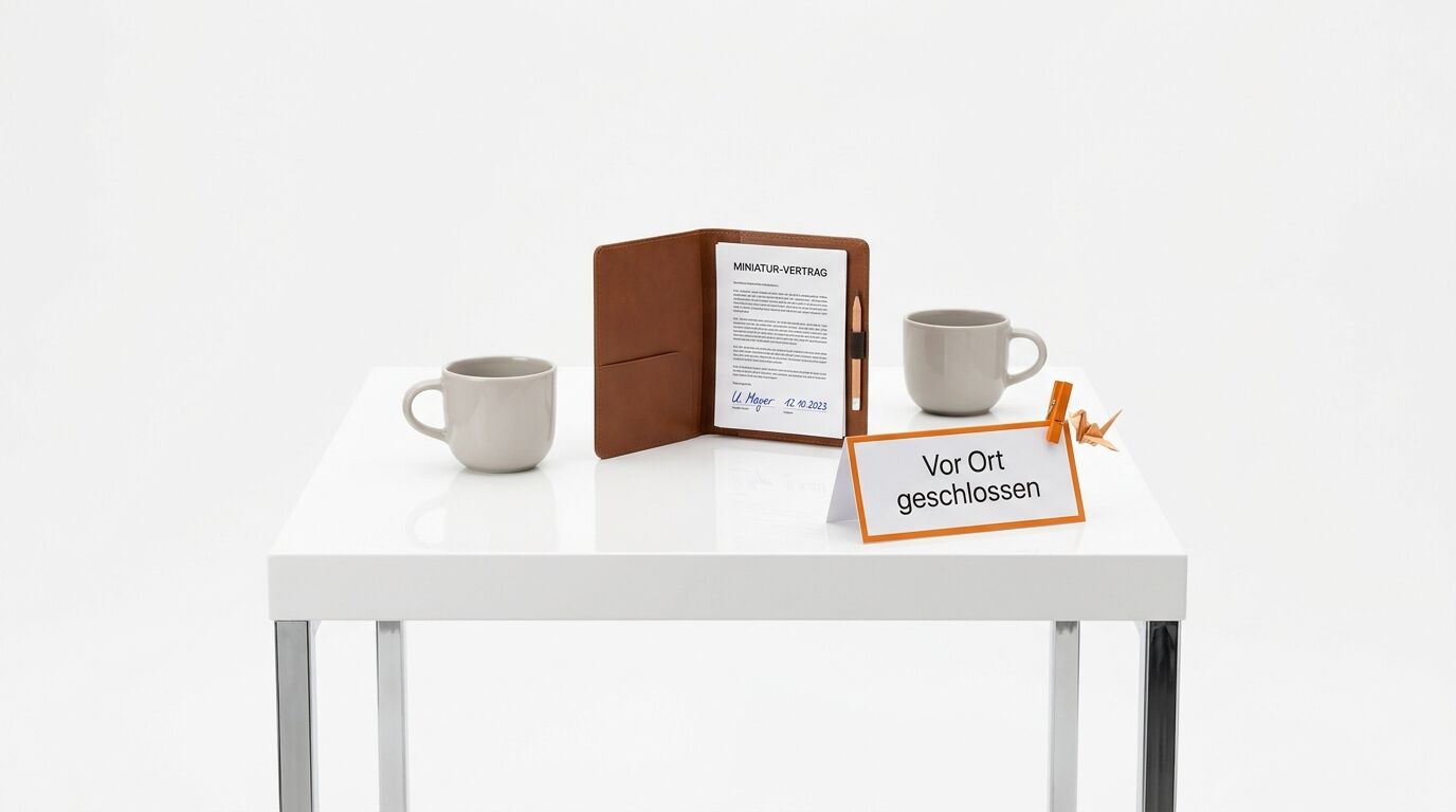 Zwei Tassen, aufgeklappte Mappe und ein Aufsteller mit Aufschrift auf einem weißen Tisch