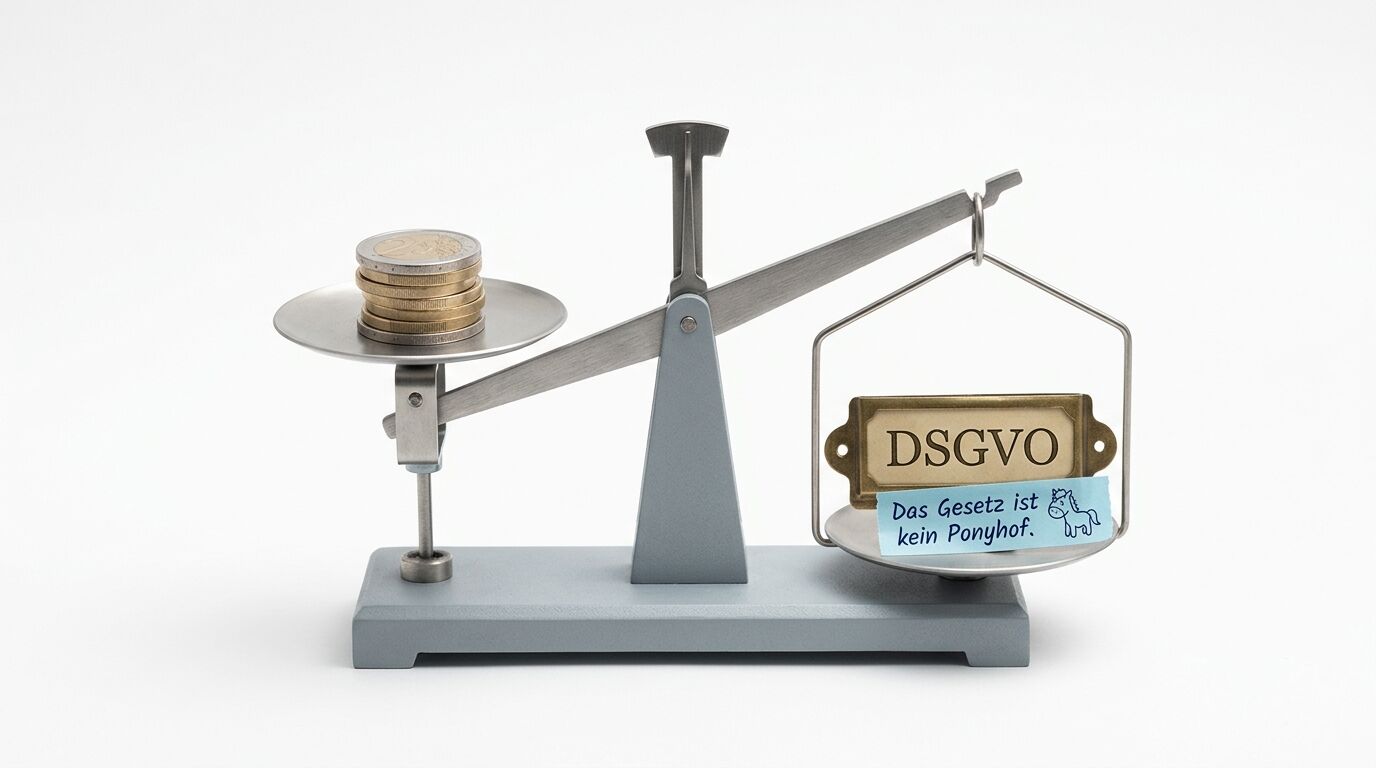 Eine Waage mit Münzen auf der linken und einem Schild mit "DSGVO" auf der rechten Seite, symbolisiert Gleichgewicht zwischen Datenschutz und Geld