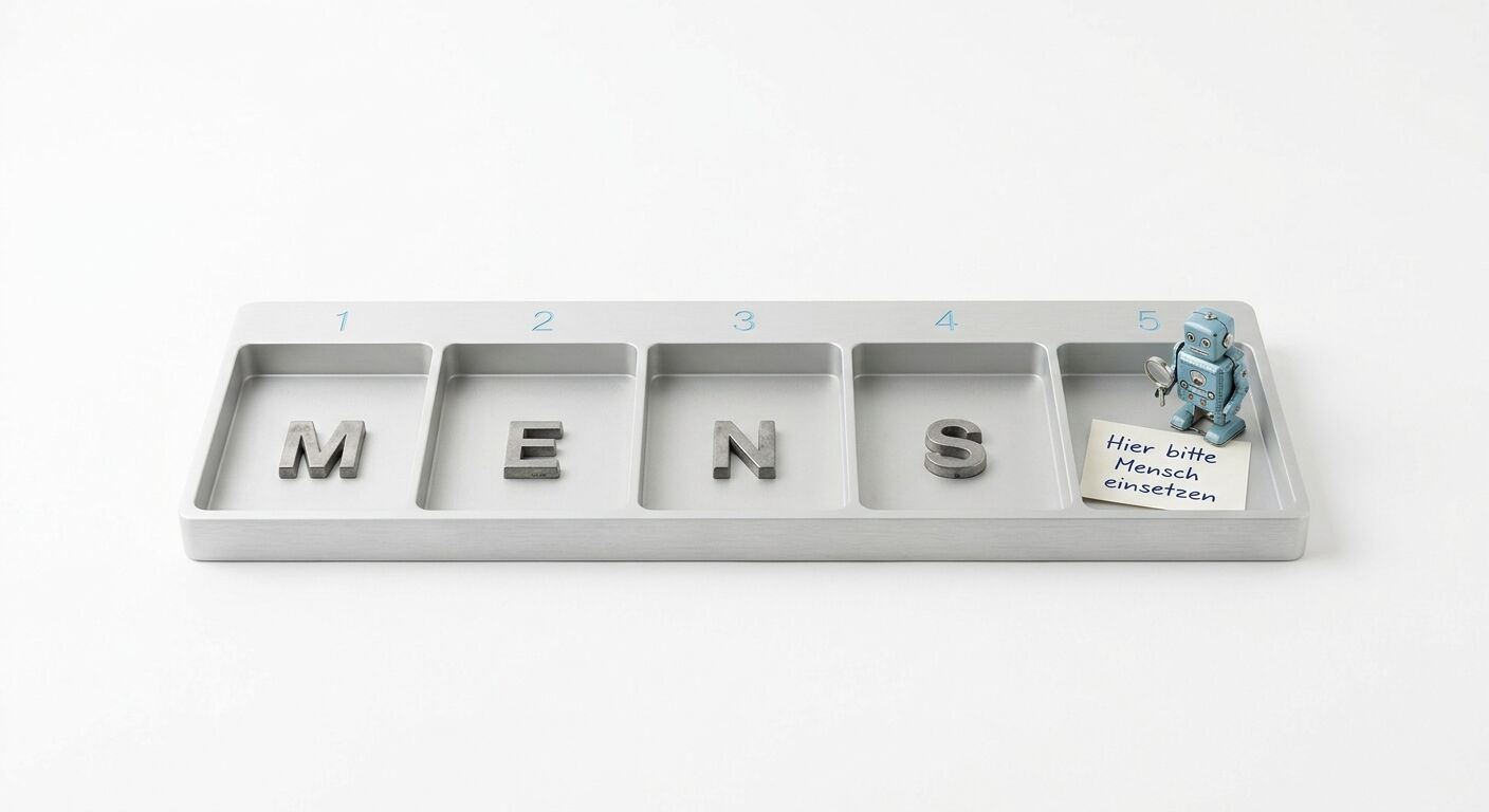 Weiße Schale mit fünf Fächern, enthält Metallbuchstaben M, E, N, S, einen Roboter und eine Notiz