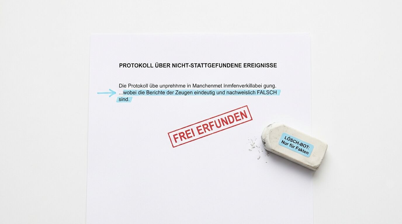 Dokument mit Protokoll über nicht-stattgefundene Ereignisse, Stempel "FREI ERFUNDEN" und Radiergummi mit Aufschrift "LÖSCHI-BOT"
