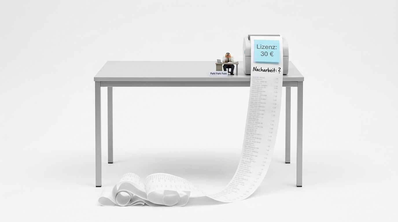 Ein Tisch mit einer langen Rechnung, auf der ein Drucker mit "Lizenz: 30€" und "Nacharbeit: 2" steht, symbolisiert versteckte Kosten