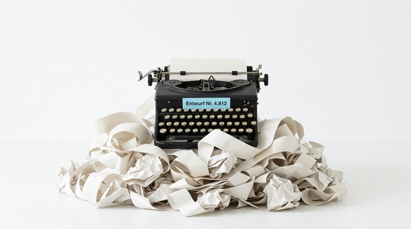 Vintage-Schreibmaschine mit Papierschredder-Effekt, umgeben von zerrissenen Papierstreifen auf weißem Hintergrund