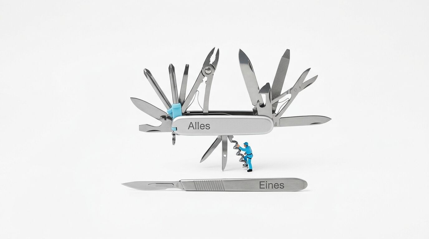 Ein Schweizer Messer mit der Aufschrift "Alles" und ein Skalpell mit "Eines", daneben eine Arbeiterfigur in Blau