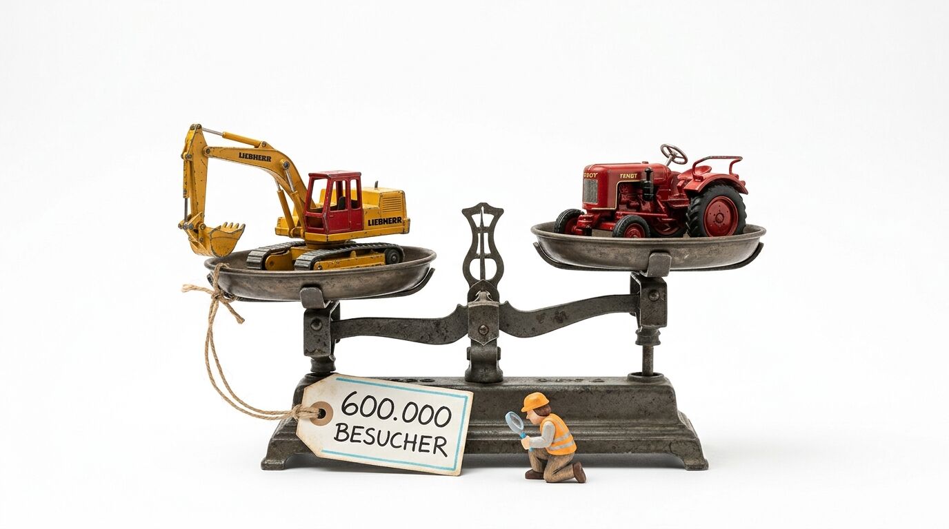 Alte Waage mit Bagger links und Traktor rechts. Schild „600.000 BESUCHER“ und Figur davor