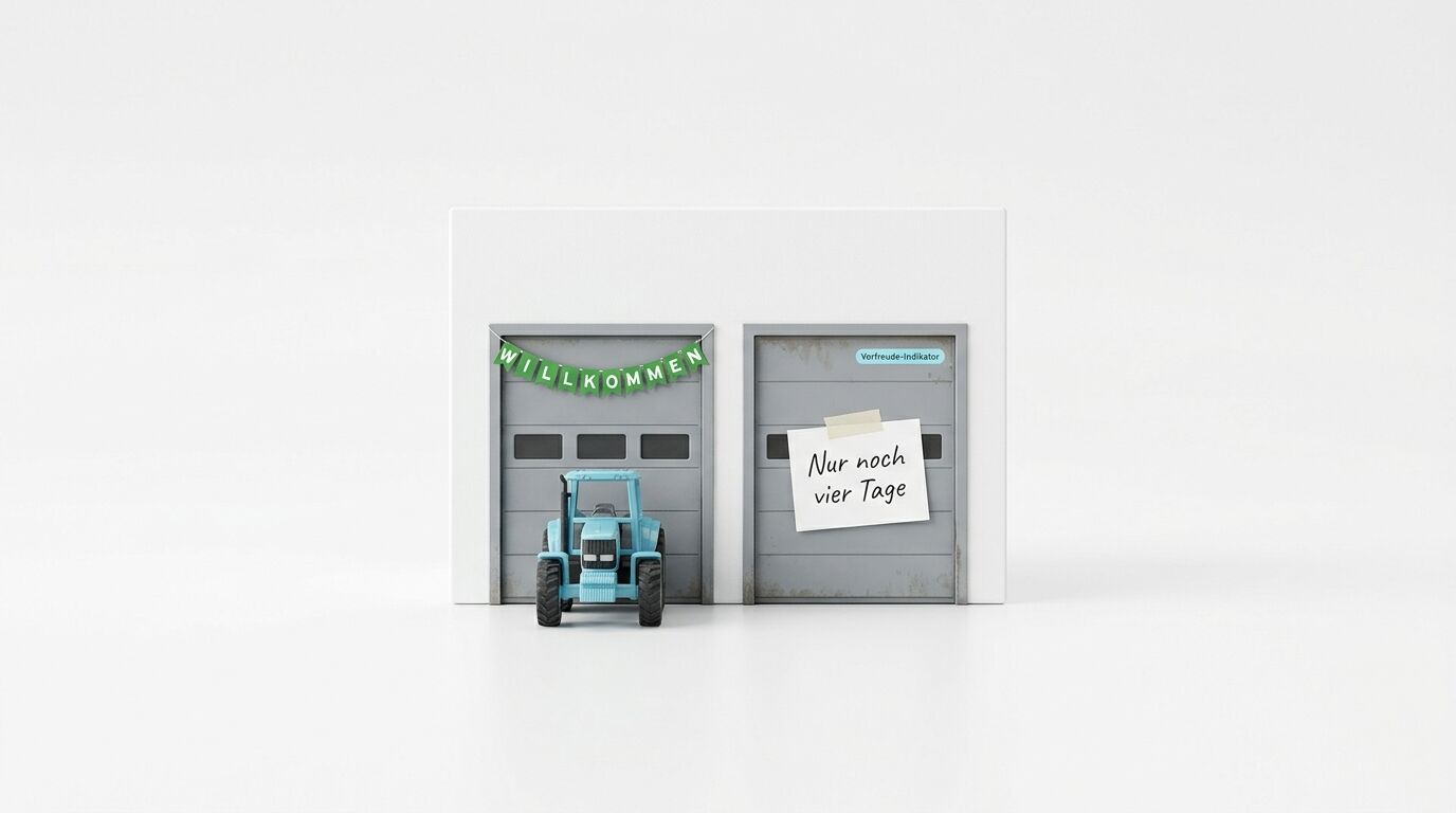 Miniatur-Doppelgarage mit Spielzeugtrakor, Willkommensgirlande und Notiz „Nur noch vier Tage“