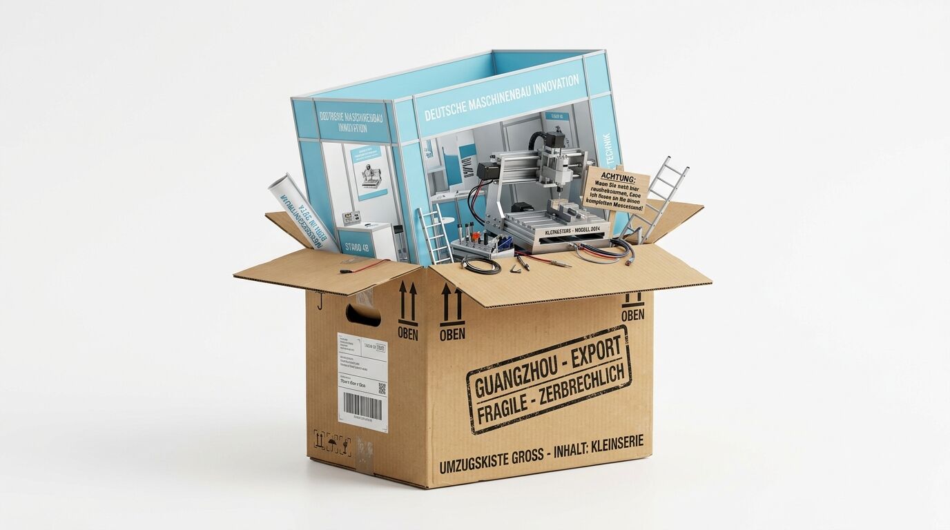Karton mit Miniatur-Fabrik und Maschinen, beschriftet u.a. mit „Guangzhou-Export“